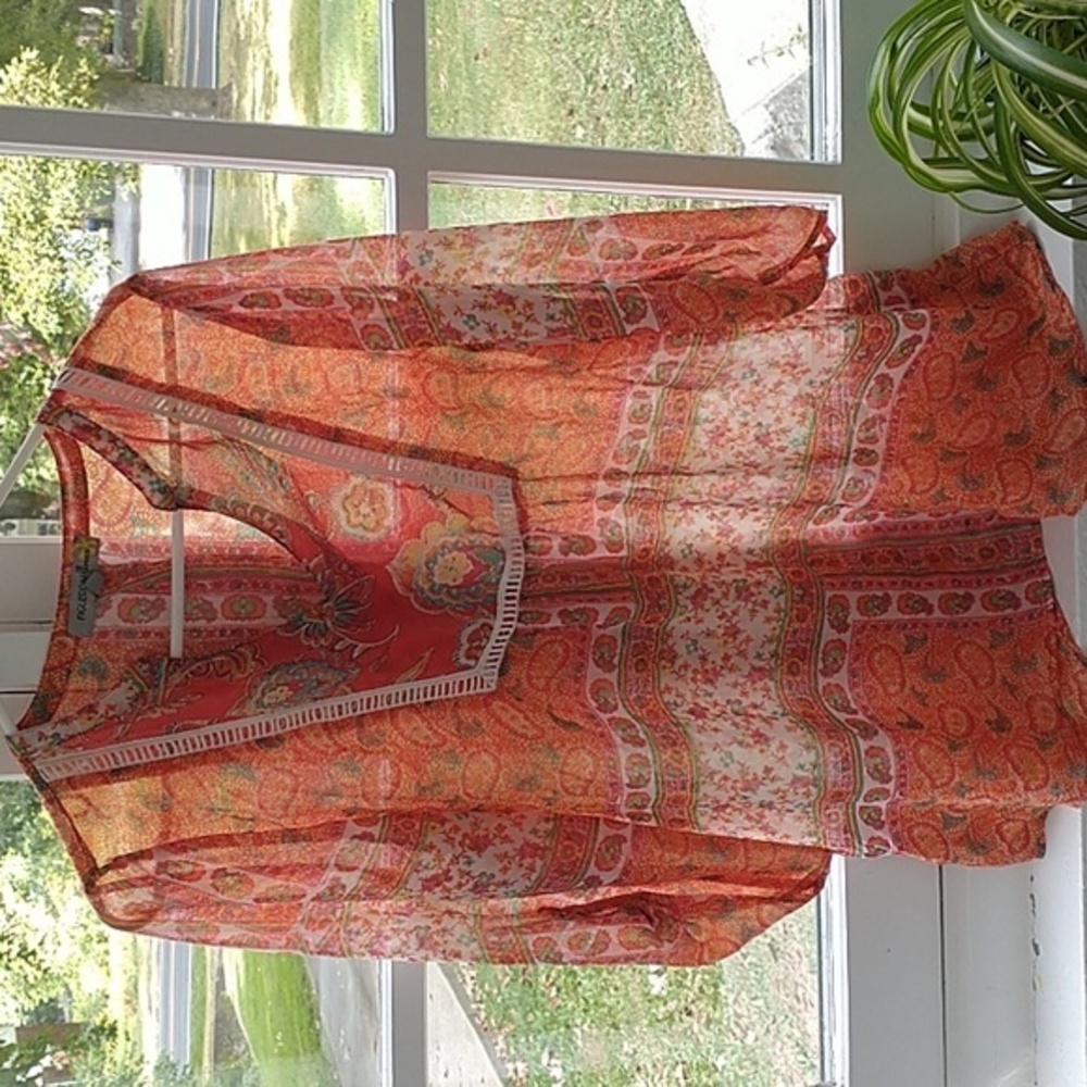 Figueroa & Flower for Anthropologie Sheer Floral Boho Blouse Shirt Size Large